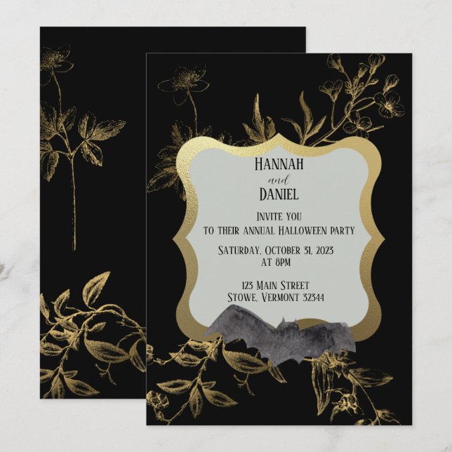 Black & Gold  Bat Elegant Halloween Party Invitation (Front/Back)