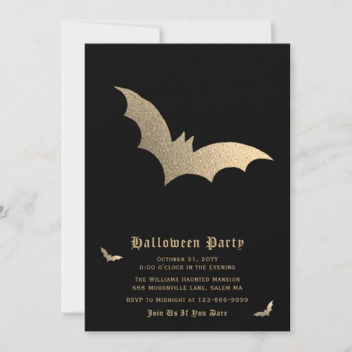 Black Gold Bat Halloween Party Invitation