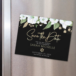 Black Gold Bat Mitzvah Script Floral Save the Date Magnetic Invitation