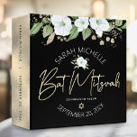 Black Gold Bat Mitzvah Script Floral Watercolor 3 Ring Binder<br><div class="desc">Let your favorite Bat Mitzvah be proud, rejoice and celebrate her milestone with this stunning keepsake scrapbook memory album. A chic, stunning, white and gold glitter floral watercolor with faux gold foil script typography and white san serif type overlays a dramatic black background. Additional watercolor flowers and a gold Star...</div>