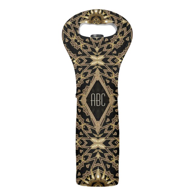Black Gold Batik Art Deco Monogram Wine Tote (Front)