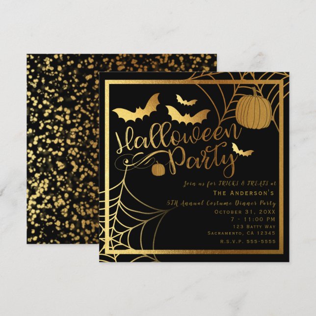 Black & Gold Bats Pumpkin Elegant Halloween Party Invitation (Front/Back)