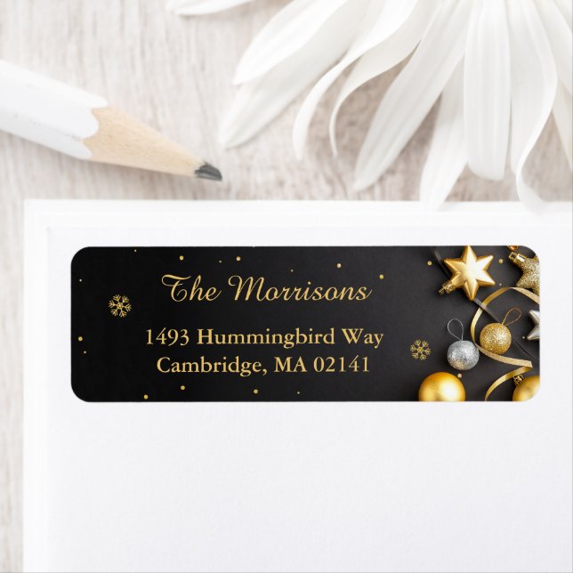 Black Gold Baubles Christmas Holiday Address Label (Insitu)