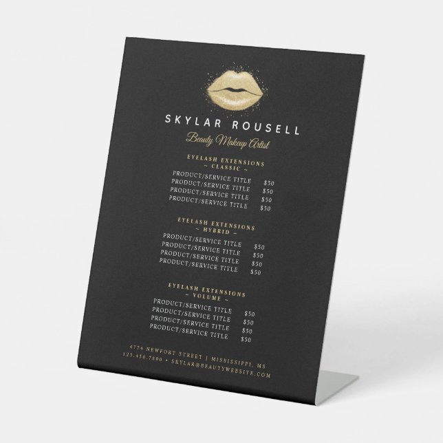 Black & Gold Beauty Lips Luxury Service Prices Pedestal Sign (Front)