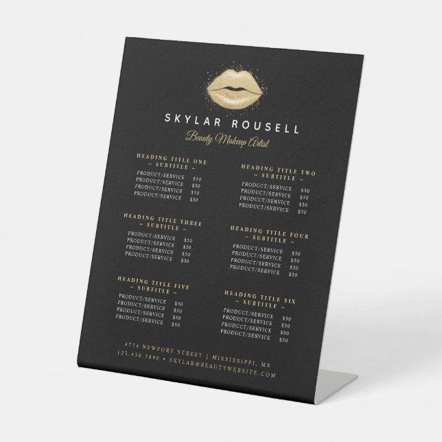 Black & Gold Beauty Lips Luxury Service Prices Pedestal Sign (Front)