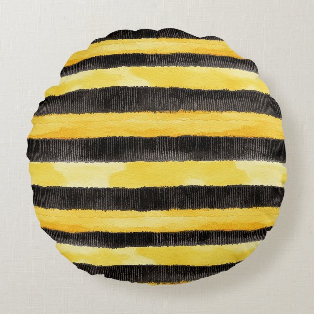 Black Gold Bee Stripes Butter Yellow Plaid Round Pillow (Front)