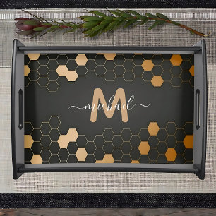 Black & Gold Beehive Personalized Monogram Serving Tray