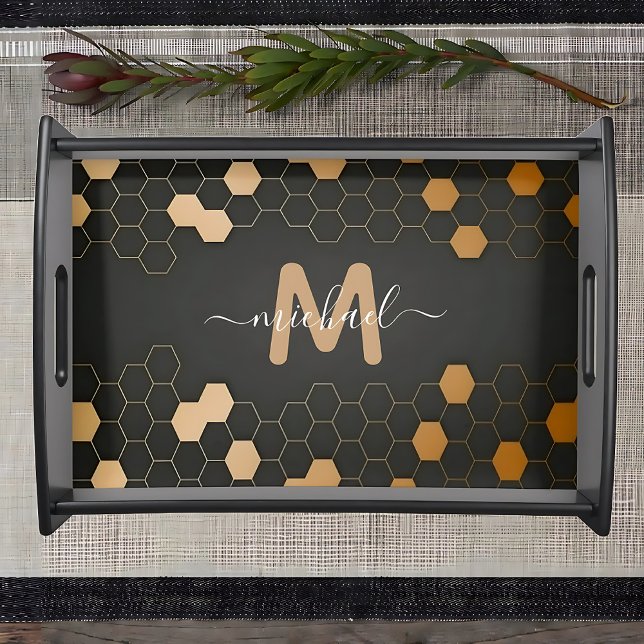 Black & Gold Beehive Personalized Monogram Serving Tray (Stylish Black & Gold Beehive Custom Monogram Serving Tray
)