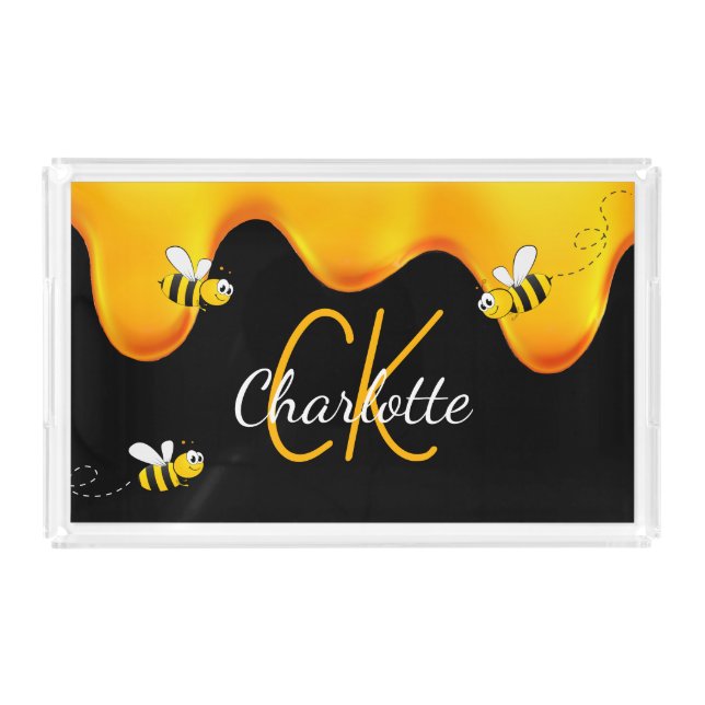Black gold bees honey dripping monogram acrylic tray (Front)