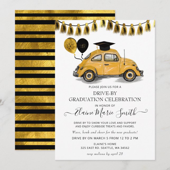 Black Gold Beetle Balloons Drive By Graduation Invitation (Front/Back)