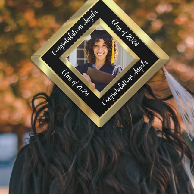 Black & Gold Beveled Photo Congratulations Graduation Cap Topper (Black & Gold Beveled Edge Photo Congratulations Class of Graduation Cap Topper)