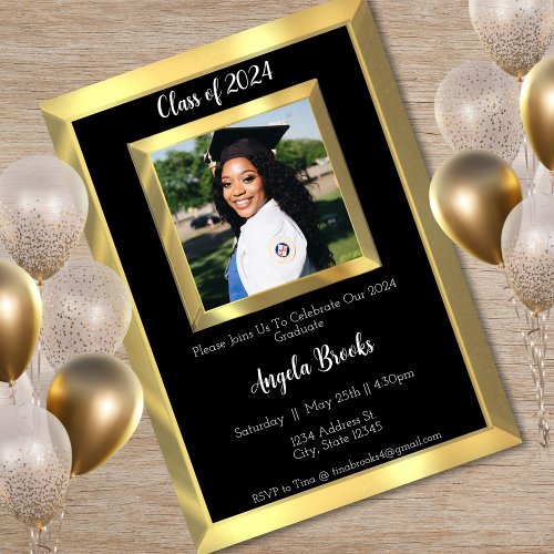 Black  Gold Beveled Photo Graduation Party Invitation