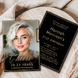 Black & Gold Birthday Cheers to 21 Years Photo Invitation<br><div class="desc">Celebrate in style with this black and gold birthday photo invitation, featuring chic gold script “Cheers to 21 Years”. Personalized with your photo, this modern and elegant design is the perfect way to mark a milestone 21st birthday. The front highlights the guest of honor with bold typography, while the back...</div>