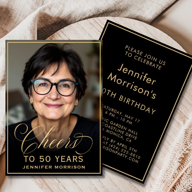 Black & Gold Birthday Cheers to 50 Years Photo Invitation (Creator Uploaded)