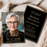 Black & Gold Birthday Cheers to 70 Years Photo Invitation<br><div class="desc">Celebrate a milestone in style with this black and gold birthday photo invitation, featuring elegant gold script “Cheers to 70 Years”. Personalized with your photo, this modern and sophisticated design is perfect for honoring a 70th birthday. The front showcases the honoree with bold typography, while the back provides event details...</div>