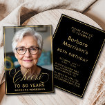 Black & Gold Birthday Cheers to 80 Years Photo Invitation<br><div class="desc">Celebrate a remarkable milestone with this black and gold birthday photo invitation, featuring chic gold script “Cheers to 80 Years”. Personalized with your photo, this elegant design sets the tone for a sophisticated and festive 80th birthday celebration. The front highlights the honoree in style, while the back provides all event...</div>