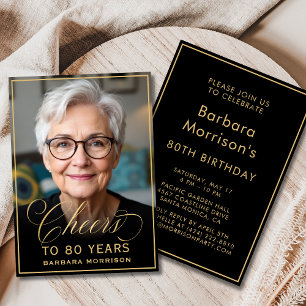 Black & Gold Birthday Cheers to 80 Years Photo Invitation