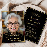 Black & Gold Birthday Cheers to 90 Years Photo Invitation<br><div class="desc">Celebrate a lifetime of memories with this black and gold birthday photo invitation, featuring elegant gold script “Cheers to 90 Years”. Personalized with your photo, this sophisticated design is the perfect way to honor a milestone 90th birthday. The front showcases the guest of honor in style, while the back includes...</div>