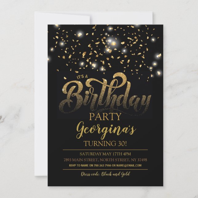 Black & Gold Birthday Party Invite Sparkle (Front)