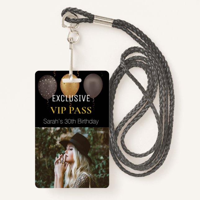 Black Gold Birthday Party Photo Custom Pass VIP Badge (Front with Lanyard)
