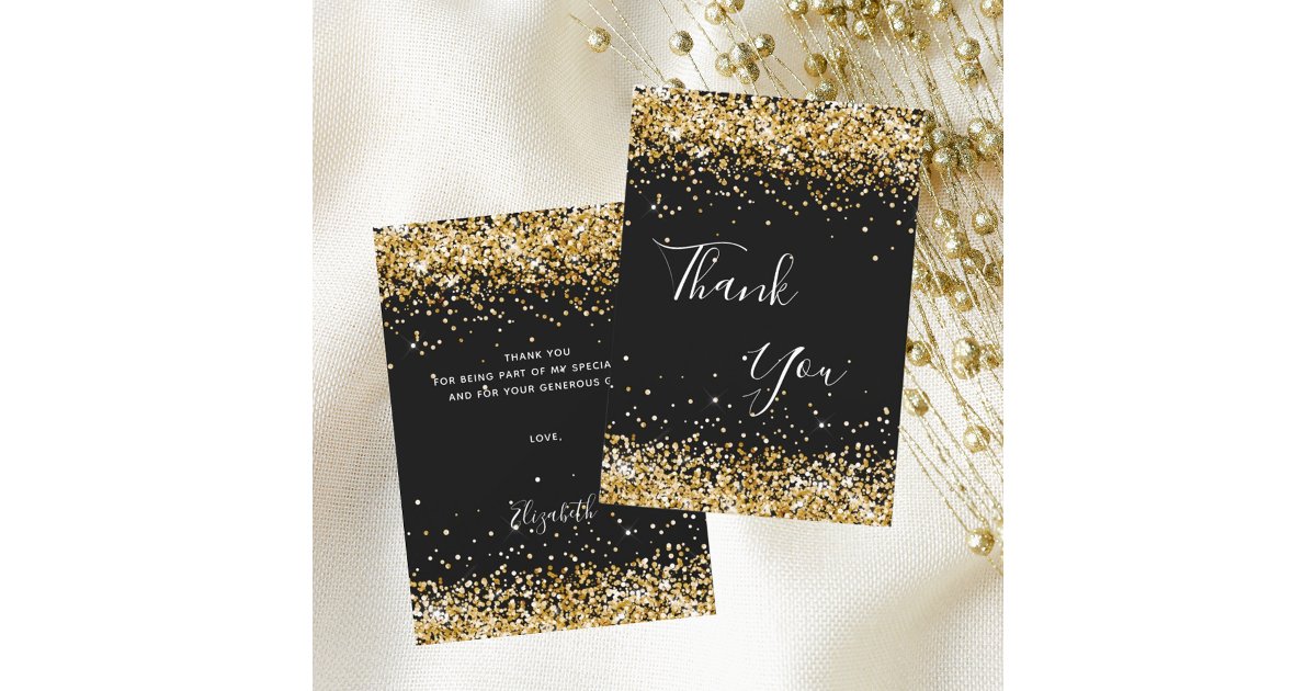 Black gold birthday thank you card | Zazzle