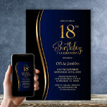 Black Gold Blue 18th Birthday Party Invitation<br><div class="desc">Invite your friends and loved ones with this modern black, gold and blue 18th birthday party invitation. The customizable text area in this invitation template allows you to effortlessly include all the necessary details for your special birthday celebration, including the date, time, venue, and RSVP information. A variety of paper...</div>