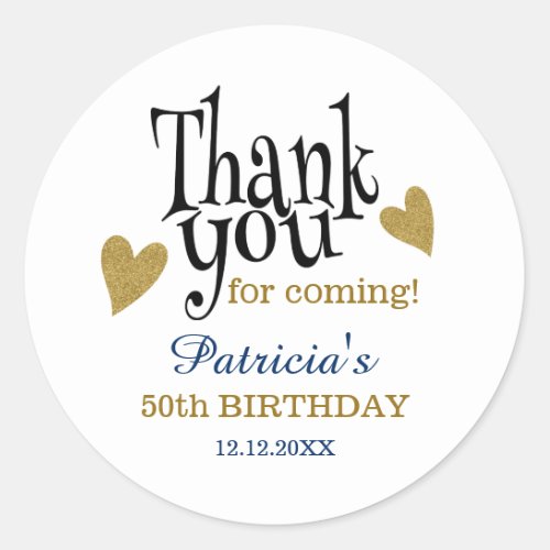 Black Gold Blue  50th Birthday Thank You Favor   Classic Round Sticker