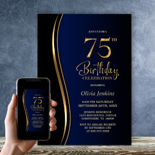 Black Gold Blue 75th Birthday Party Invitation