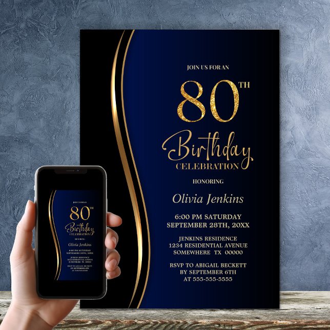 Black Gold Blue 80th Birthday Party Invitation (Creator Uploaded)