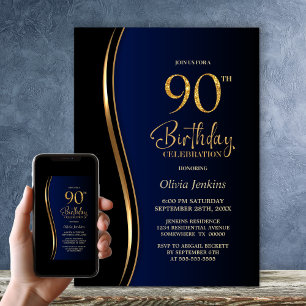 Black Gold Blue 90th Birthday Party Invitation