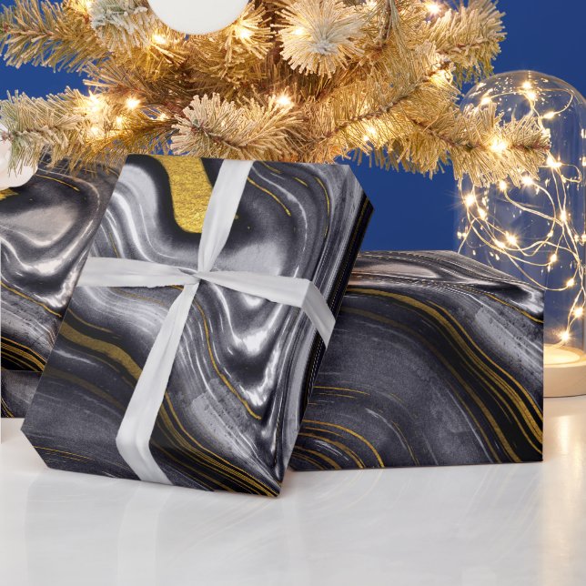 Black gold blue agate marble look luxurious party wrapping paper (Holidays)