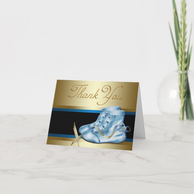 Black Gold Blue Baby Booties Thank You Cards (Front)