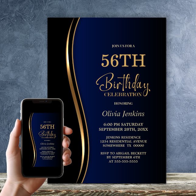 Black Gold Blue Birthday Party Invitation (Creator Uploaded)