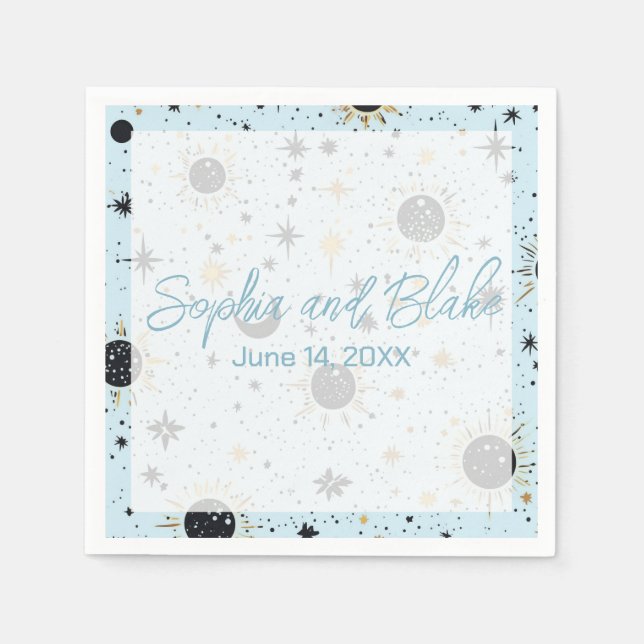 Black Gold Blue Celestial Wedding Napkins (Front)