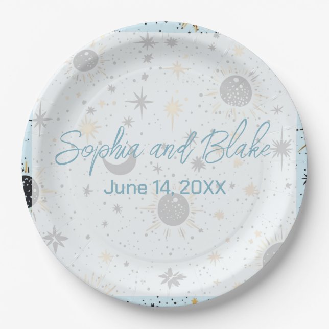 Black Gold Blue Celestial Wedding Paper Plates (Front)