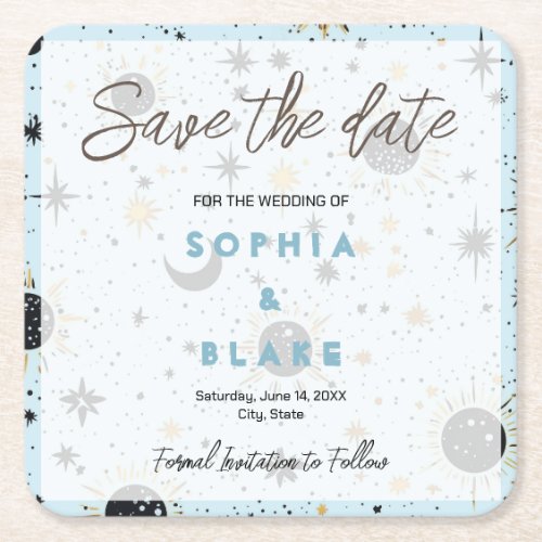 Black Gold Blue Celestial Wedding Save the Date Square Paper Coaster