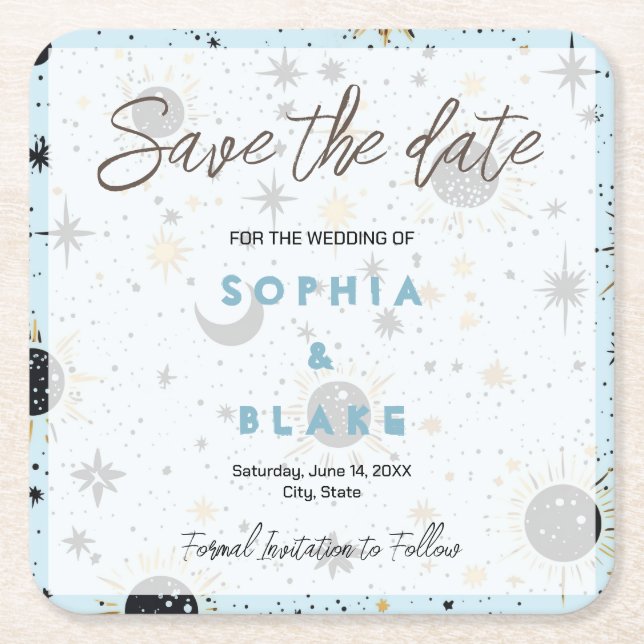 Black Gold Blue Celestial Wedding Save the Date Square Paper Coaster (Front)