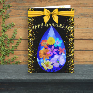 Black Gold Blue Gemstone Floral Happy Anniversary  Letterpress Thank You Card
