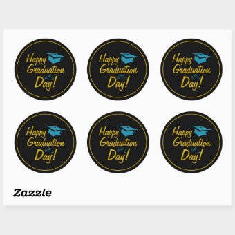 Black Gold Blue Happy Graduation Day Script Classic Round Sticker | Zazzle