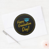 Black Gold Blue Happy Graduation Day Script Classic Round Sticker | Zazzle