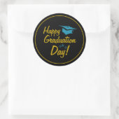 Black Gold Blue Happy Graduation Day Script Classic Round Sticker | Zazzle