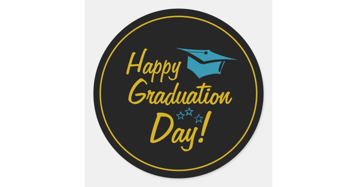 Black Gold Blue Happy Graduation Day Script Classic Round Sticker | Zazzle