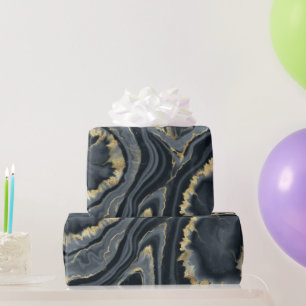 Black gold blue marble agate stone elegant party wrapping paper