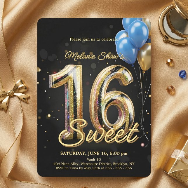 Black Gold Blue Sparkle Balloons Sweet 16 Birthday Invitation (Creator Uploaded)