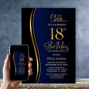 Black Gold Blue Surprise 18th Birthday Invitation