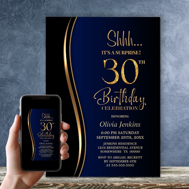 Black Gold Blue Surprise 30th Birthday Invitation (Creator Uploaded)