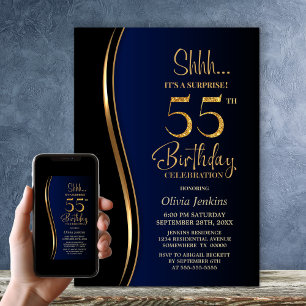 Black Gold Blue Surprise 55th Birthday Invitation