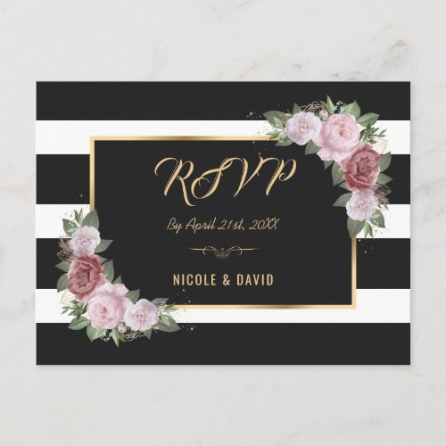 Black Gold Blush Floral Wedding RSVP Postcard