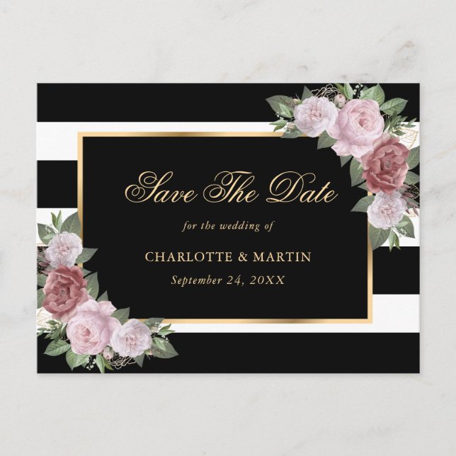 Black Gold Blush Floral Wedding Save The Date Announcement Postcard (Front)