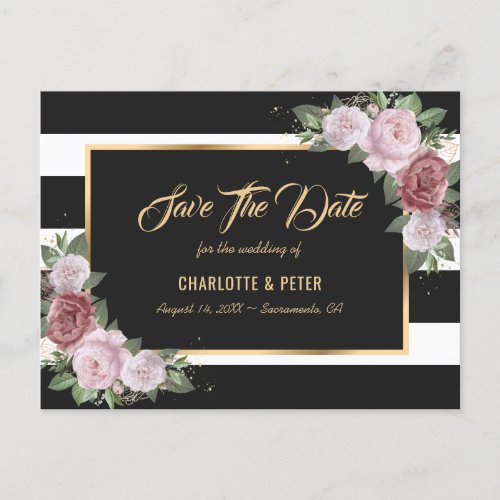 Black Gold Blush Floral Wedding Save The Date Announcement Postcard